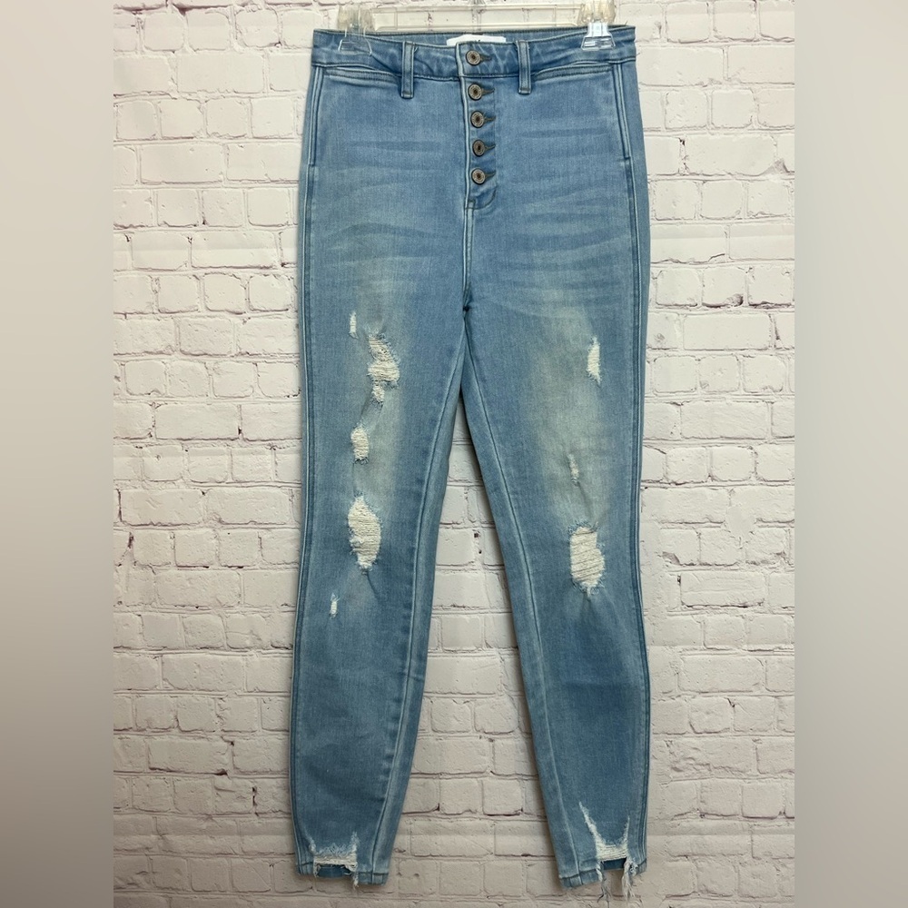 Kan Kan Harper High Rise Button Fly Skinny Jeans in Light Blue